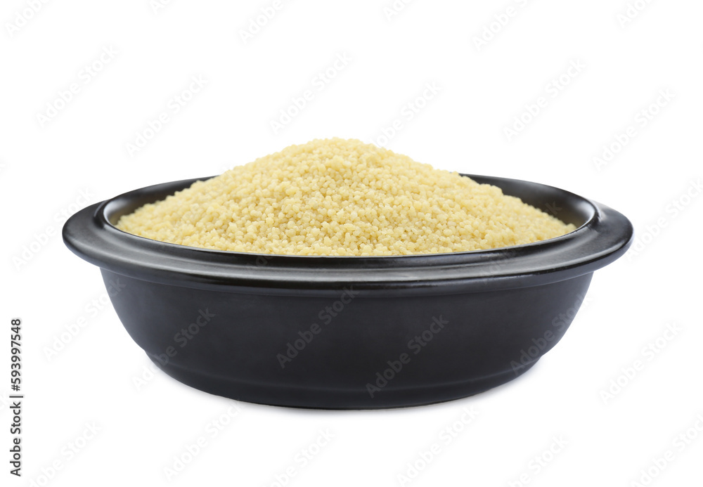 Bowl of raw couscous isolated on white Bowl of raw couscous isolated on white
