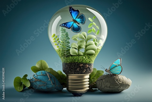 Green energy banner concept. Light bulb with moss, grean leaves and blue butterflies 