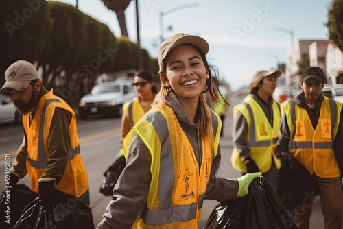 Small group of volunteers picking up trash and garbage on the street