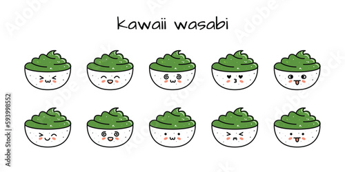 Set of kawaii wasabi bowl sushi mascots in cartoon style