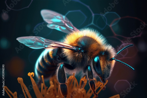 Detailed macro image of a bumblbee collecting nectar from a blossom generative ai. Bumblee on a flower