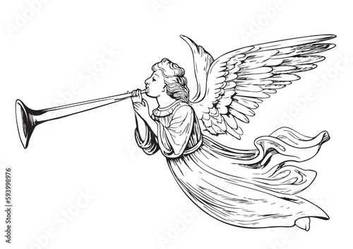 Angel playing the trumpet hand drawn sketch illustration