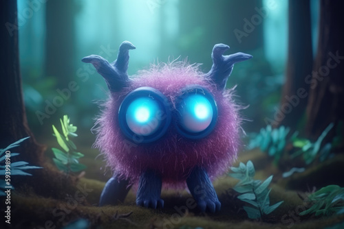 Tiny fairy creature in a magical fairy-tale forest. generative ai. Cute monster in the foggy forest. Little magical creature with beautiful eyes with neon lights in the background