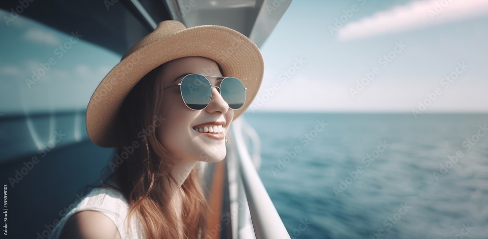 Cruise holiday, elegant woman portrait smiling on cruise ship deck, copy space on blue sky. Generative AI - obrazy, fototapety, plakaty 