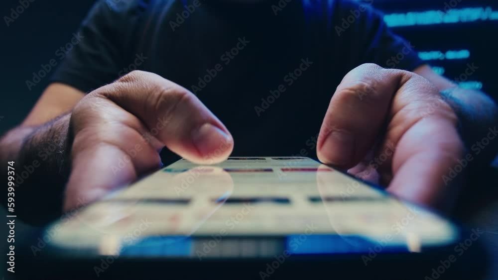 Man chatting online on phone smartphone macro close up, typing text ...