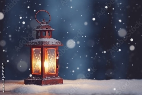 Christmas Lantern on a snowy background, bokeh. Christmas banner. Copy space. AI generated. Generative AI