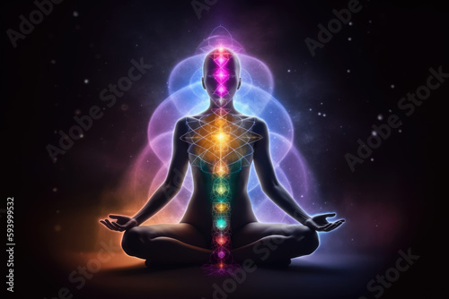Concept of meditation and spiritual practice, expanding of consciousness, chakras and astral body activation, mystical inspiration image