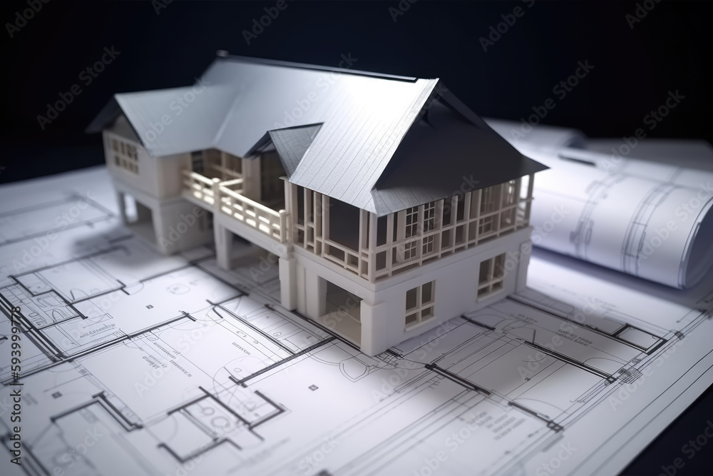 Blueprint designs and a home model for a construction project. Background in real estate, housing project building, and engineering design. plans for residential construction Blueprint designs and a home model for a construction project. Background in real estate, housing project building, and engineering design. plans for residential construction