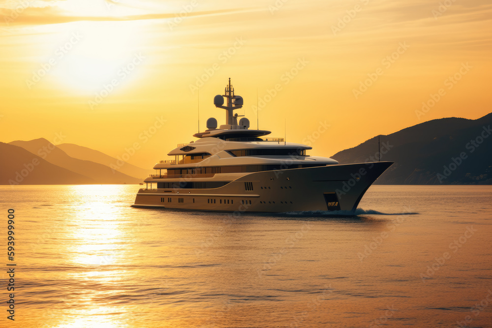 A luxury mega yacht with golden glass in the ocean at a sunset A luxury mega yacht with golden glass in the ocean at a sunset