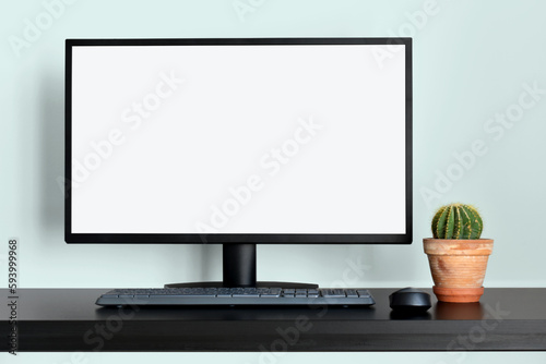 Desktop Screen Template Mockup on  Light Blue Wall Background