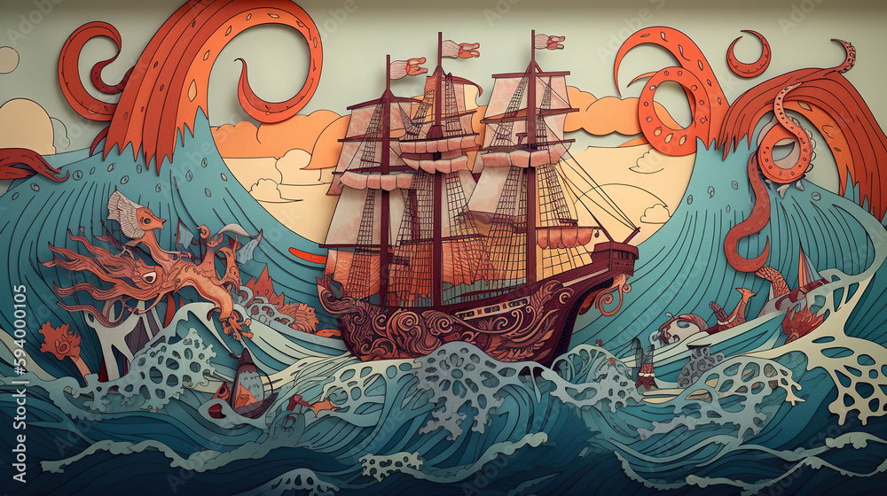 Pirate ship in the sea. Generative AI illustration. Vintage style.