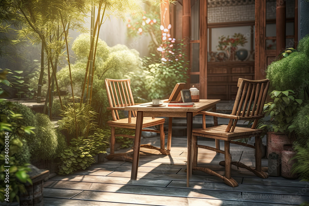 Wooden chairs and table in the garden. Generative AI
