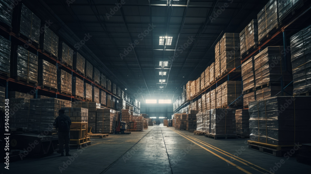 Rows of shelves with boxes in modern warehouse. AI generated