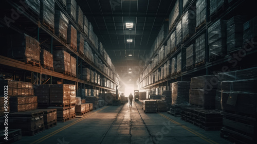 Rows of shelves with boxes in modern warehouse. AI generated