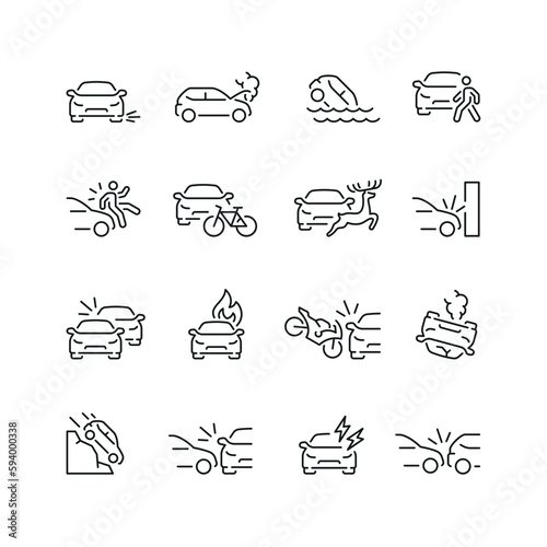 Vector line set of icons related with car accident. Contains monochrome icons like car, collision, crash, auto, accident and more. Simple outline sign.