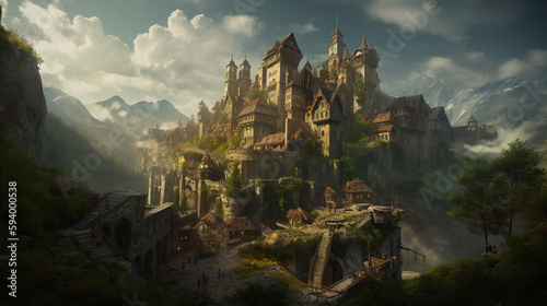 Fantasy landscape with fantasy castle in the mountains. Generative AI