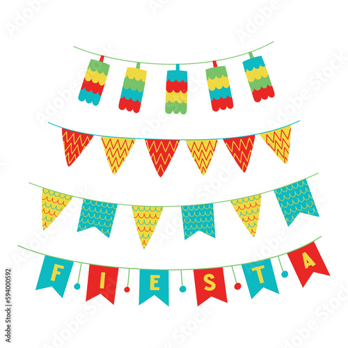 Flat hand drawn vector illustration of eco friendly home decorations such as garland, bunting and mini pinatas