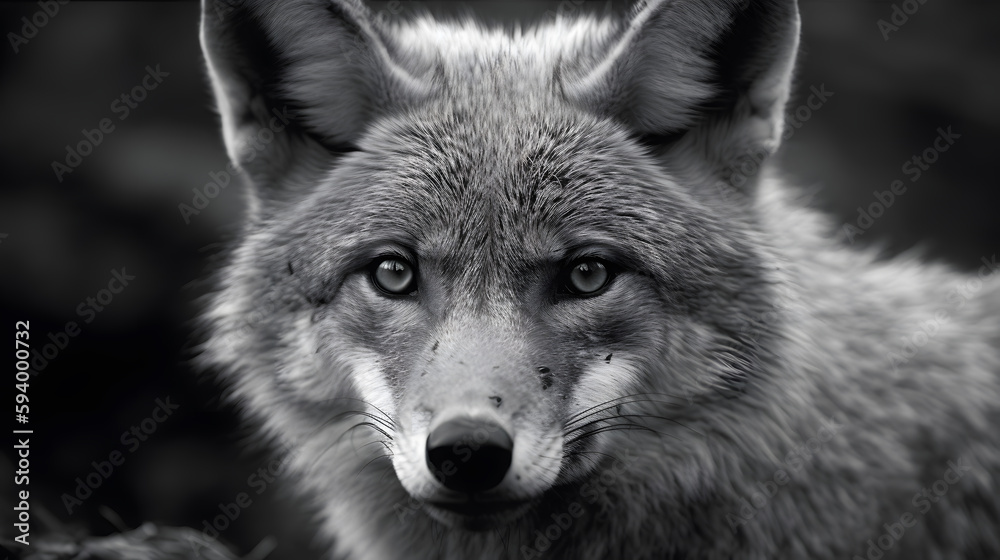 Fototapeta premium 狼の白黒写真| Black and white photo of a wolf Generative AI