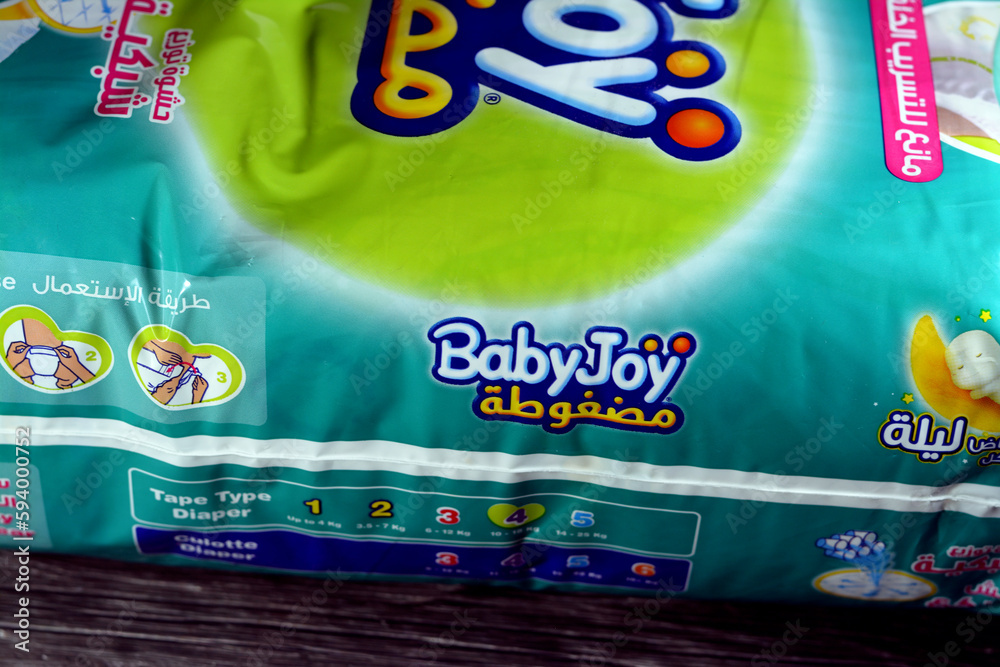 Cairo, Egypt, April 5 2023 Compressed Baby Joy diaper care diapers easy change and remove