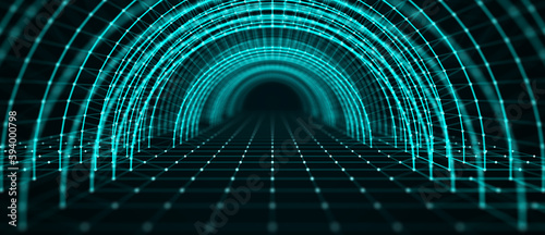 3d wireframe tunnel. Abstract background of lines and dots. Tunnel through space. Optical illusion. 3D rendering.