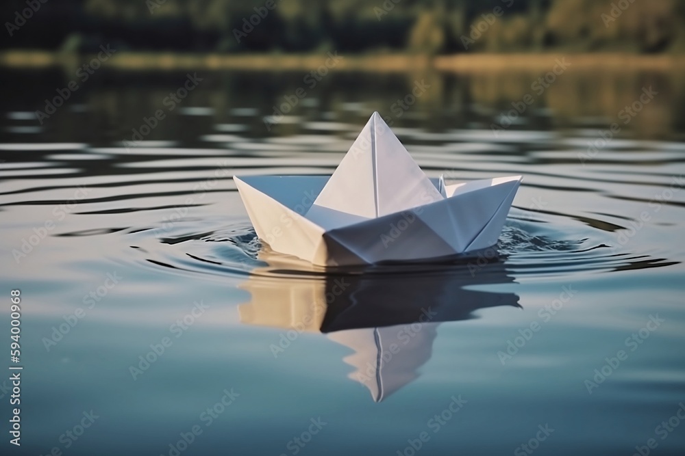 Ein gefaltetes Papierboot schwimmt im Wasser, Generative AI