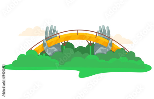Golden Bridge landmark in Vietnam. Famous bridge with stone arms. Vector graphic.