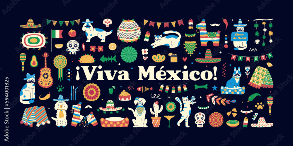 Mexican-themed design elements with lettering viva mexico.