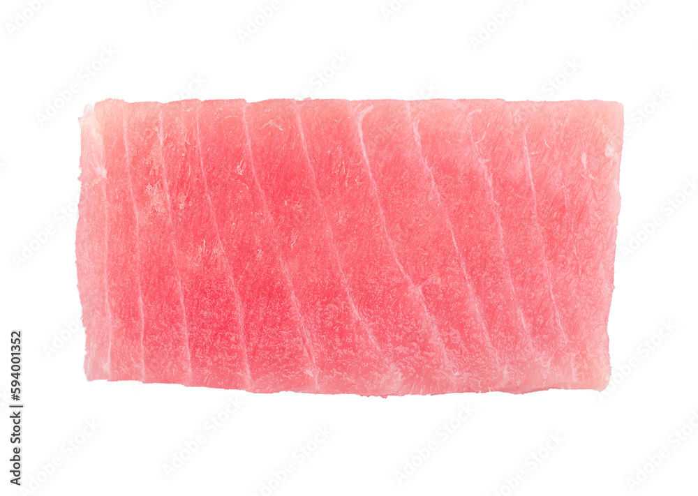 Tasty sashimi (piece of fresh raw tuna) isolated on white, top view