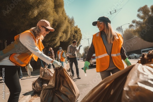 Small group of volunteers cleaning the streets of California