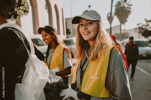 Group of people volunteers saving the environment by picking up trash and garbage of the streets in Los Angeles