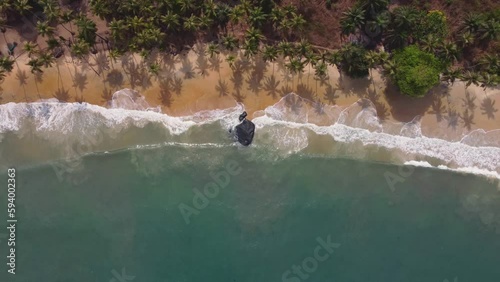 Aerial video of sea waves and tropical trees on the Bureh beach, Freetown, Sierra Leone