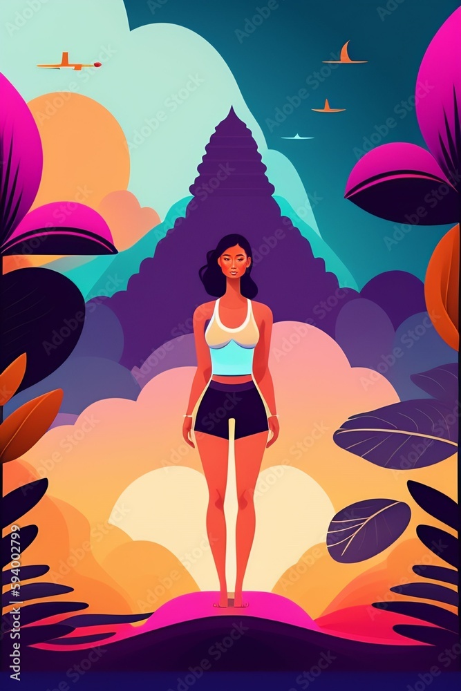 Digital illustration of a full-length girl resting on vacation beautiful temple in bali island bright landscape Digital illustration of a full-length girl resting on vacation beautiful temple in bali island bright landscape