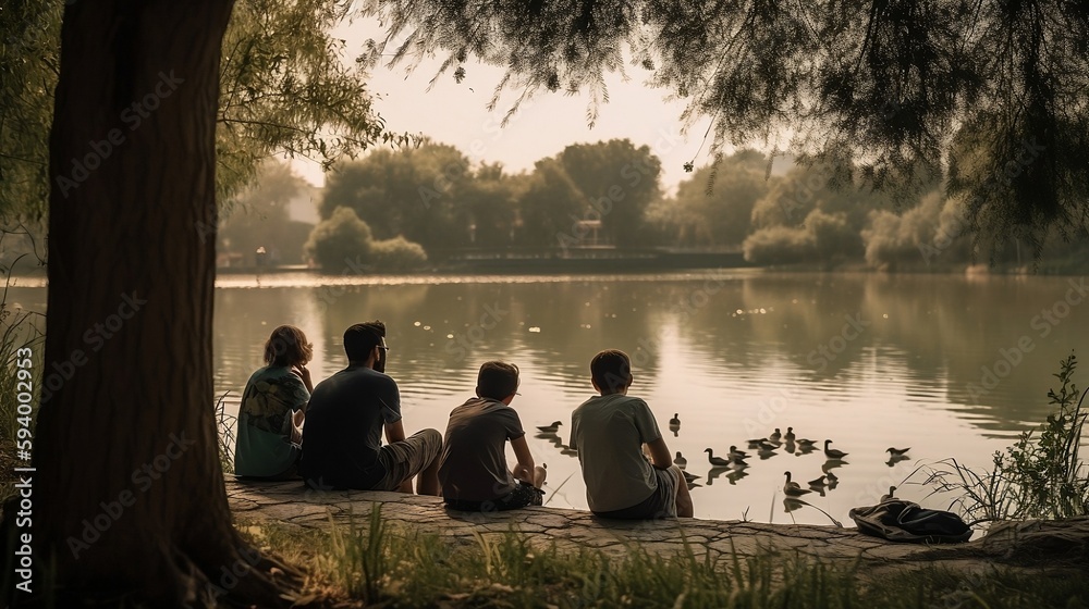 Aamily of four sitting beside the lake watching the swarms in the lake in the morning at the park. Created using generative AI