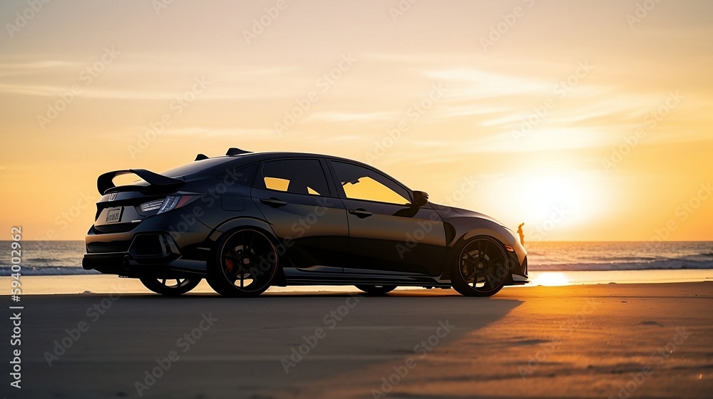 Car in brand Honda Civic on the beach during sunset. Created using generative AI.