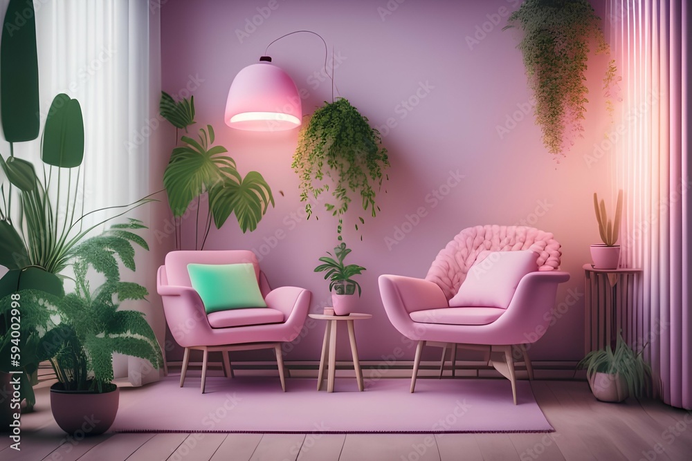 Pastel living room with plants and pink lamp on armchair. - generative ai
