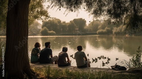 Aamily of four sitting beside the lake watching the swarms in the lake in the morning at the park. Created using generative AI