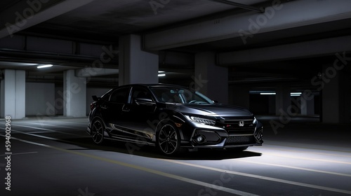 Honda civic RS 1.5 turbo black color parking at a empty car park with studio lighting. Created using generative AI.