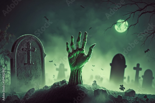 Halloween composition, zombie hand raising from the ground, ai generated