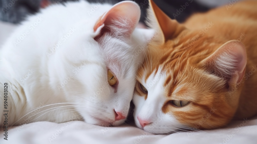 there are two cats that are laying down together on a blanket. Generative Ai