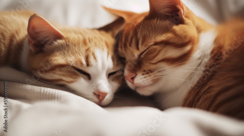 a pair of cats lying next to each other on the bed, snuggling their faces against each other. close-up. Generative Ai