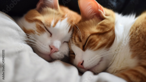 two cats are sleeping together on a bed. Generative Ai