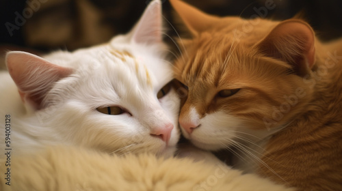 a pair of cats lying on top of each other  romanticism  red and white fur. Generative Ai
