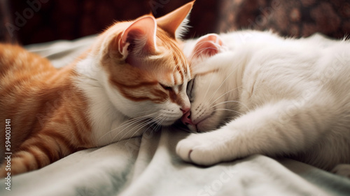 two orange and white cats laying next to each other. Generative Ai