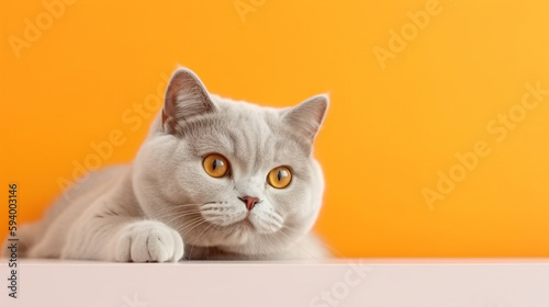 gray cat sits on a table on an orange background. Generative Ai