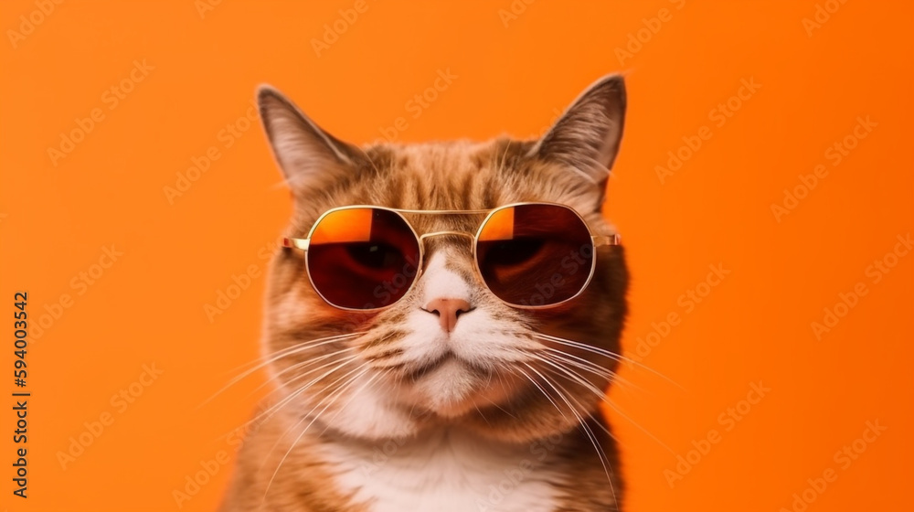 an orange cat wearing sunglasses and sitting on top of an orange wall . Generative Ai