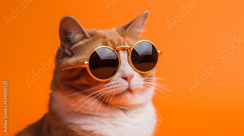 funny cat in sunglasses on an orange background. Generative Ai © PETR BABKIN