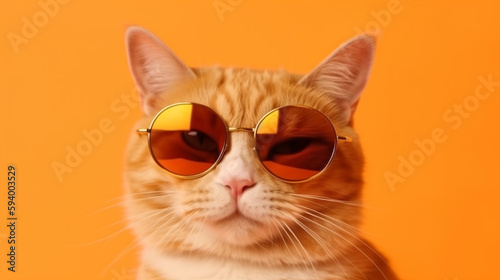 a cat wearing sunglasses and a hat on an orange background. Generative Ai