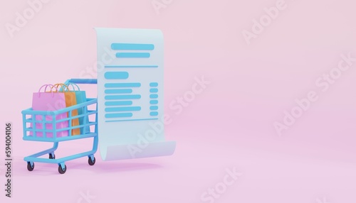 Shopping bags on shopping carts with payment receipts. Online shop 3d render. Digital payments on smartphone applications. Icon minimal 3d. Illustration for advertising and product promotion.
