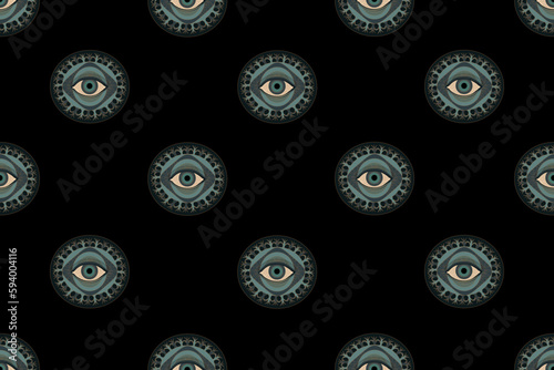 Seamless pattern with Mandala eyes. Symbol of tantric yoga. All-seeing Eye. Creative Wallpaper with Meditation element. Fashion banner in Hinduism style. Bed linen and print. Vector illustration.