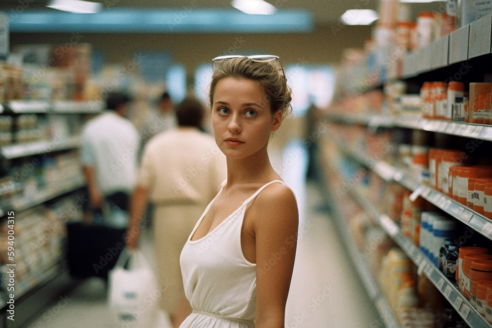 Cute blonde woman walking in a supermarket between the isles Cute blonde woman walking in a supermarket between the isles